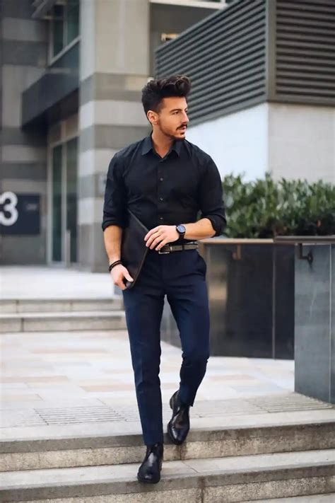 black dress shirt navy pants.